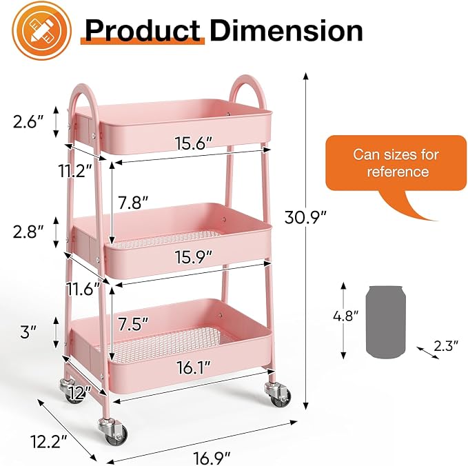 NEWBULIG 3-Tier Metal Rolling Storage Cart, Heavy Duty Mobile Utility Organizer - Image 4