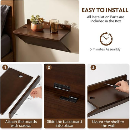 Floating Nightstands Set of 2, Wall Mounted Night Stand Walnut Wooden Bedside - Image 9