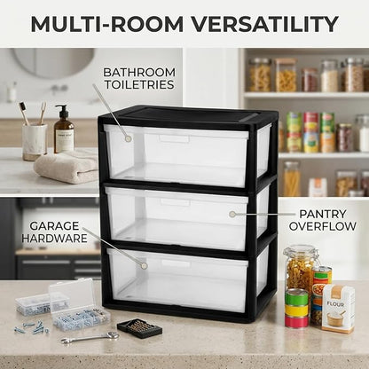 Wide 3-Drawer Plastic Storage Tower Organizer, 25.25" High, Drawer Stops & - Image 9