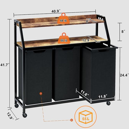 Laundry Hamper, Laundry Sorter 3 Section, Rolling Laundry Basket - Image 7