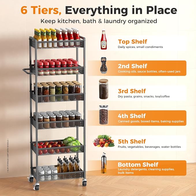 6 Tier Slim Storage Cart with Wheels, Metal Narrow Spice Cabinet Mobile - Image 4