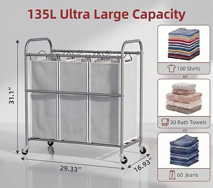 ROMOON Laundry Sorter Hamper 3 Section, Divided Laundry Basket Organizer - Image 3