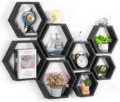 CADUKE Hexagon Floating Shelves Set of 8, Hanging Shelf Storage Racks, Living by CADUKE
