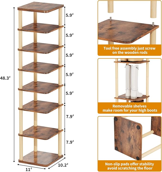 LUCKNOCK Vertical Shoe Rack, 8-Tier Tall Narrow Shoe Organizer - Image 2