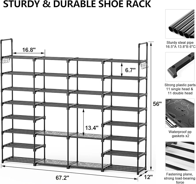Mavivegue Extra Large Shoe Rack, 8 Tier 4 Rows 72-76 Pairs Big Tall Metal Shoe - Image 2