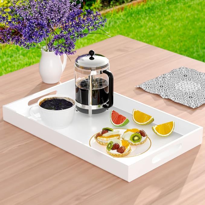 NIUBEE Acrylic Serving Tray 12x20 Inches -Spill Proof- White Decorative Tray - Image 2
