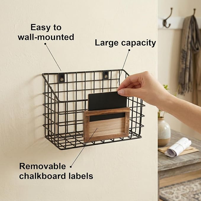 MyGift 10 Inch Wall Mounted Matte Black Metal Wire Storage Baskets - Image 4
