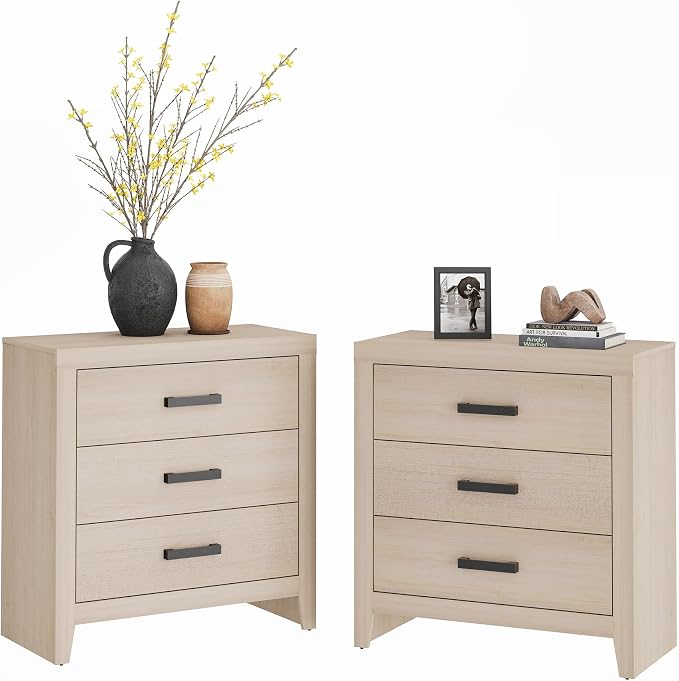 WAMPAT Farmhouse 3 Drawer Nightstand Set of 2, Large Wood Bedside Tables by WAMPAT