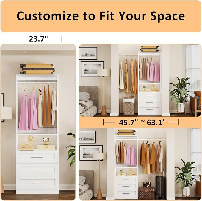 Closet System with 3 Drawers, 2FT-5FT Customizable Closet Organizer System with - Image 3