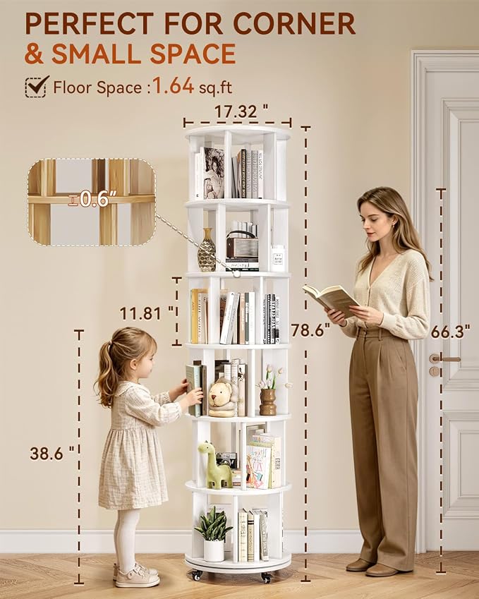 IUNVR Rotating Bookshelf, 6 Tier Solid Wood Bookshelf Tower - Image 2