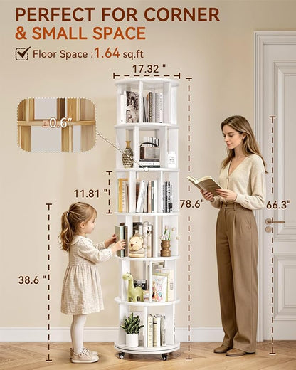 IUNVR Rotating Bookshelf, 6 Tier Solid Wood Bookshelf Tower - Image 2