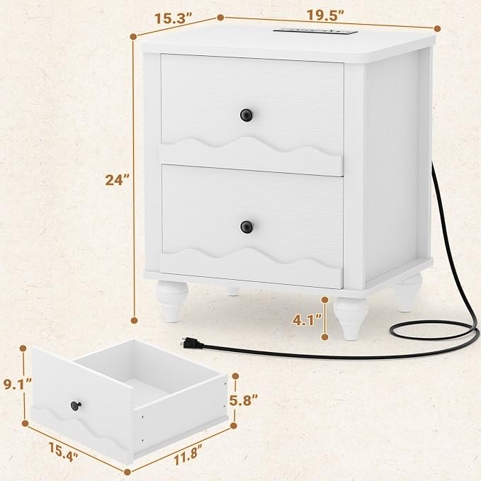 Cyclysio Nightstand with Charging Station, Side End Table with 2 Drawers - Image 2