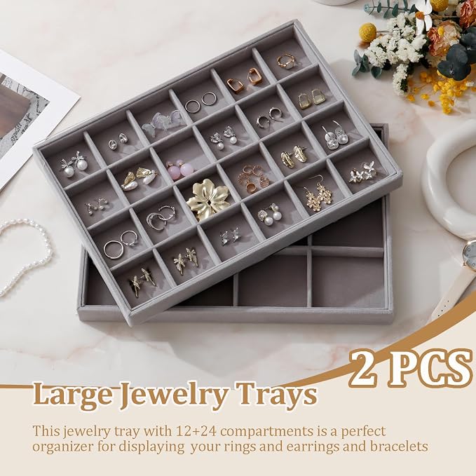 Large Velvet Jewelry Tray 2 Pack Stackable Jewelry Display Drawer Inserts Trays - Image 2