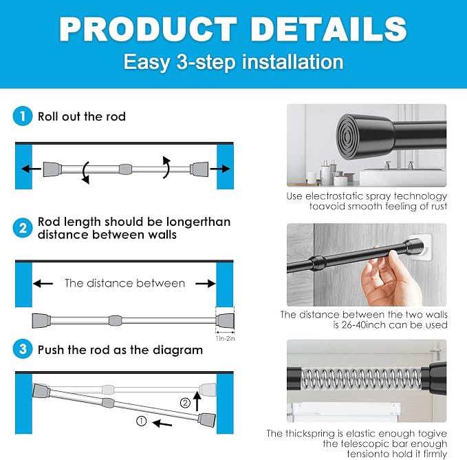 MEXAU 3Pack Spring Tension Curtain Rod 26-39 inch Black Small Tension Rod | - Image 6