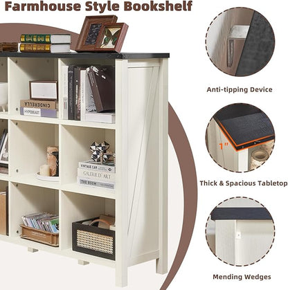 9 Cube Bookcase, Farmhouse 47 Inch Wide White Bookshelf, Wooden 3 Tier Display - Image 4