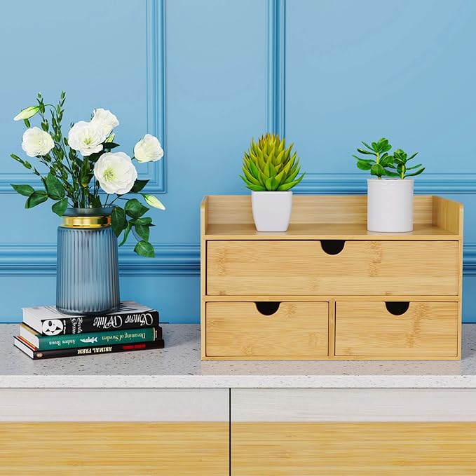 Bamboo Desk Organizer with Drawers, 3-Drawer Desktop Storage Box | 3 Drawers - Image 2
