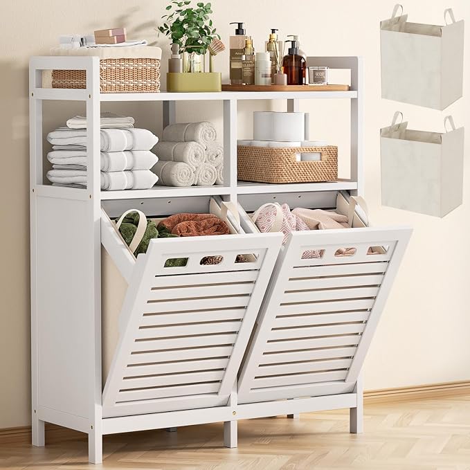 Homykic Tilt Out Laundry Hamper Cabinet, Bamboo Double Laundry Hamper by Homykic