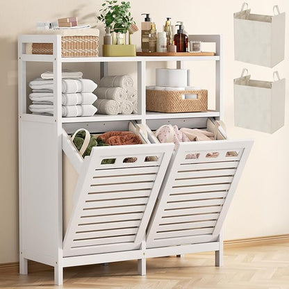 Homykic Tilt Out Laundry Hamper Cabinet, Bamboo Double Laundry Hamper by Homykic