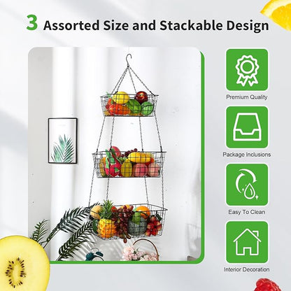 Hicarer 3 Tier Hanging Fruit Basket Square 35.4 Inch Fruit Organizer Kitchen - Image 3