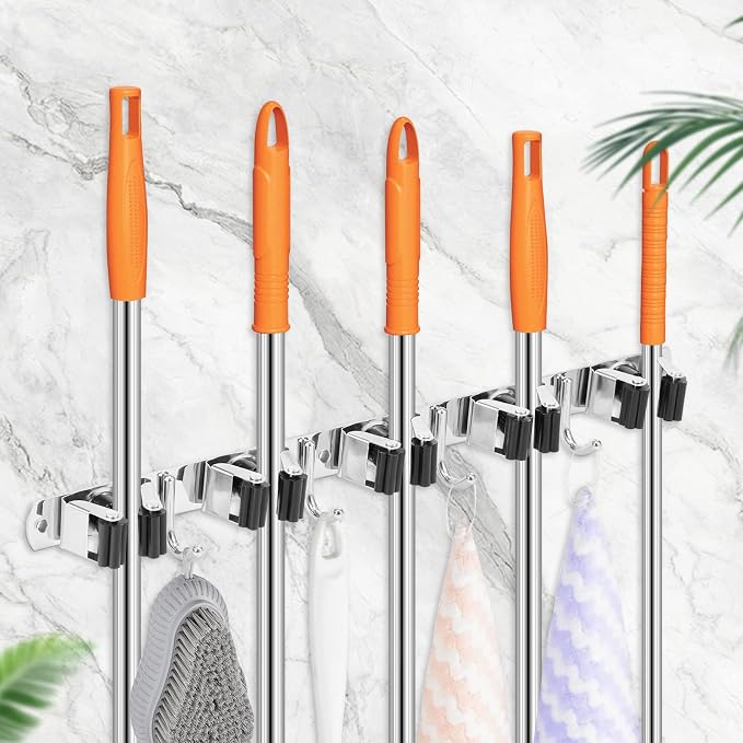 3 Pack Broom Holder Wall Mount 5 Racks 4 Hooks Stainless Steel Broom Mop Holder - Image 9