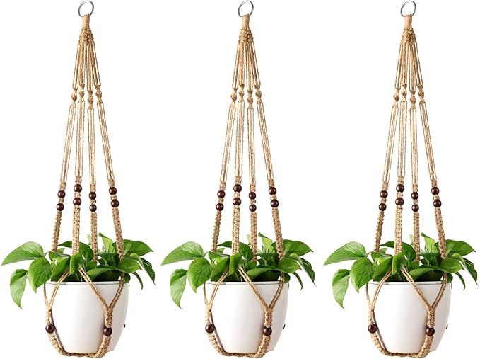 Mkono Macrame Plant Hanger Indoor 35 Inch Hanging Planter Basket Brown 3Pcs | by Mkono