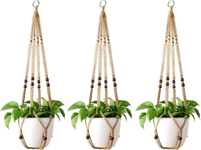 Mkono Macrame Plant Hanger Indoor 35 Inch Hanging Planter Basket Brown 3Pcs | by Mkono