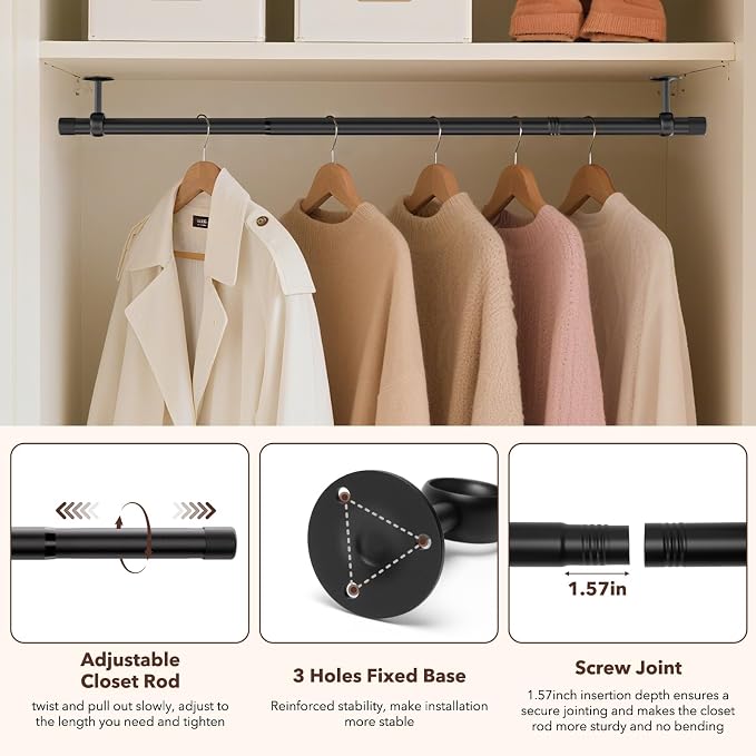 SUTINE Closet Rod, Closet Rods for Hanging Clothes, 17 to 52 inch Adjustable - Image 5