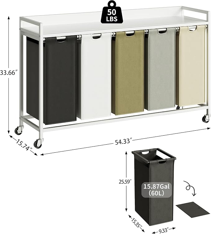 Laundry Hamper with Shelf, Laundry Basket 5 Section, Laundry Sorter with - Image 4