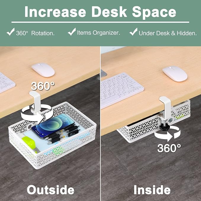 ROSYLIN Heavy Duty Clamp On Under Desk Drawer Organizer Storage Tray Basket - Image 3