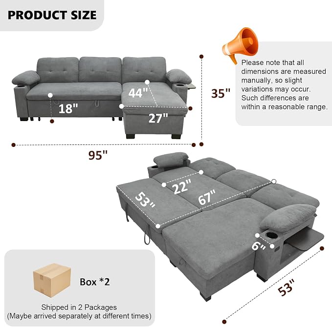 93" L Shaped Sleeper Sofa Bed, Pull Out Sectional Couch - Image 2