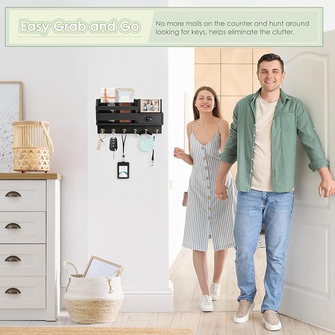 VIS'V Key Holder Wall Mount, Wooden Mail and Key Organizer, Small Shelf - Image 5