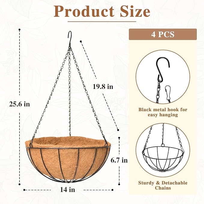 4 Pack Hanging Planter for Outdoor Plants 14 inch Metal Hanging Flower Basket - Image 5