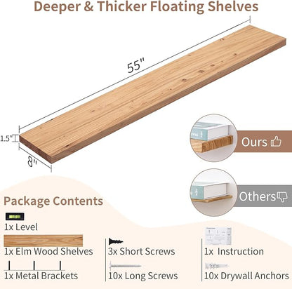 Axeman Floating Shelves for Wall, Rustic Elm Wood 56''W x 8" D Wall Shelf - Image 3