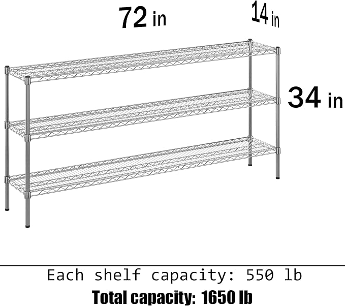 14" Deep x 72" Wide x 34" Height Wire Shelving Kit | 3-Tier | NSF Commercial - Image 3