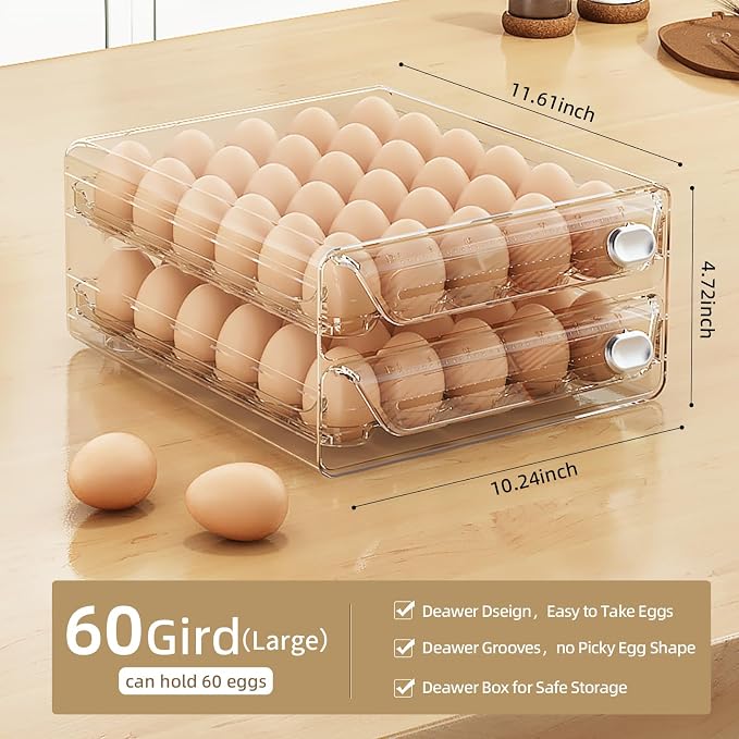 60 Eggs Organizer for Refrigerator, Large Egg Holder for Fridge, Stackable Egg - Image 3