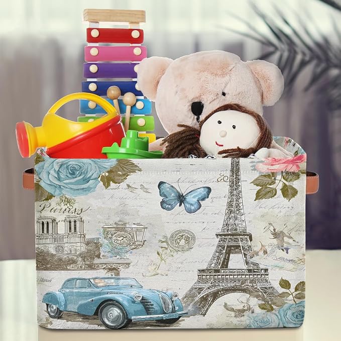 Storage Basket Vintage Paris Eiffel Tower Rose Flower Old Car Storage Cube Box - Image 3