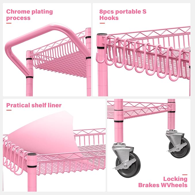 YNN Pink Rolling Cart, 990Lbs 3 Tier Heavy Duty Metal Cart - Image 3