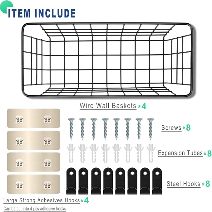 4 Pack Hanging Wall Basket Wire Storage Baskets, Adhesive Basket - Image 2