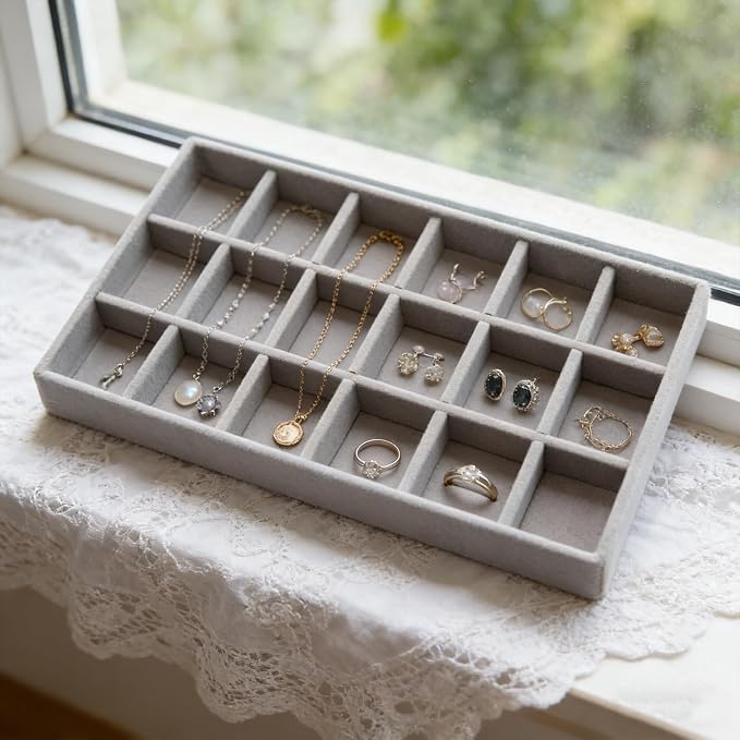 Velvet Jewelry Organizer Trays Gray, 18 Grids | Stackable Jewelry Storage - Image 4