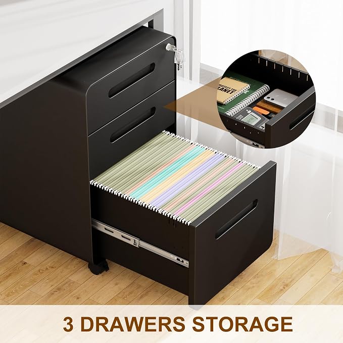 3 Drawer File Cabinet with Lock and 4 Keys, Mobile Metal Filing Cabinet - Image 8