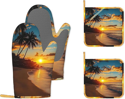 Tropical Palm Oven Mitts and Pot Holders, Sunset Trees Sea Beach Heat Resistant by Unknown