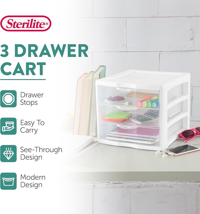 Sterilite Clearview 3-Drawer Cart Small Plastic Storage Organizer, Containers - Image 4