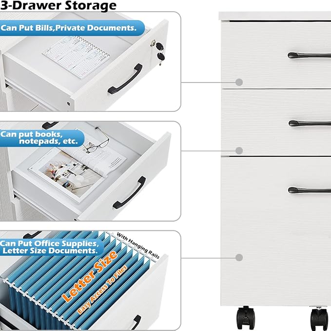 Panana 3 Drawer Wood Mobile File Cabinet, Under Desk Storage Drawers Small File - Image 5