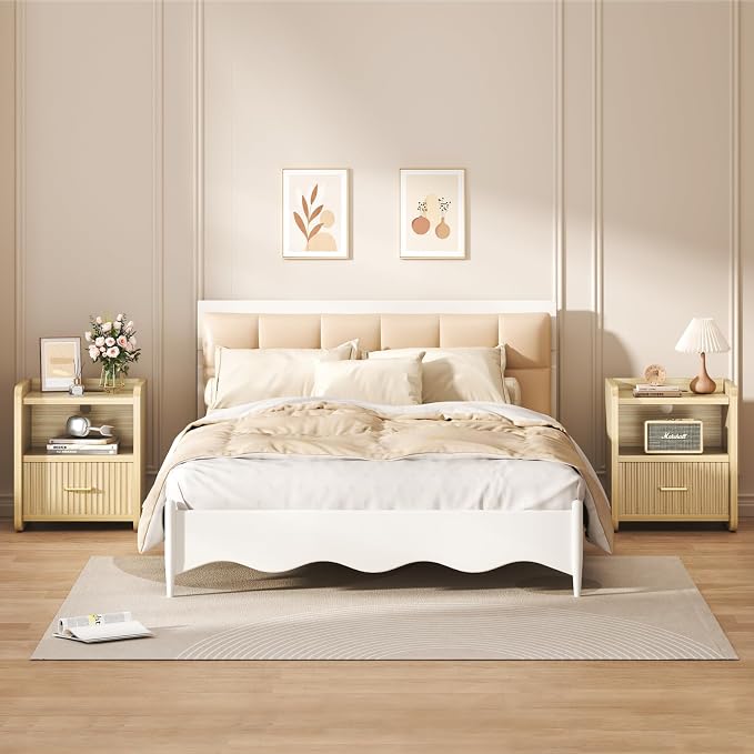 Night Stand with Charger Station, Fluted Wood Nightstand with Drawer Storage - Image 3