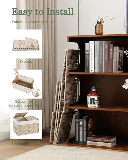 SETVSON Storage Basket with Lid, 2-Lid PE Rattan Storage Bin, Light Khaki | - Image 5