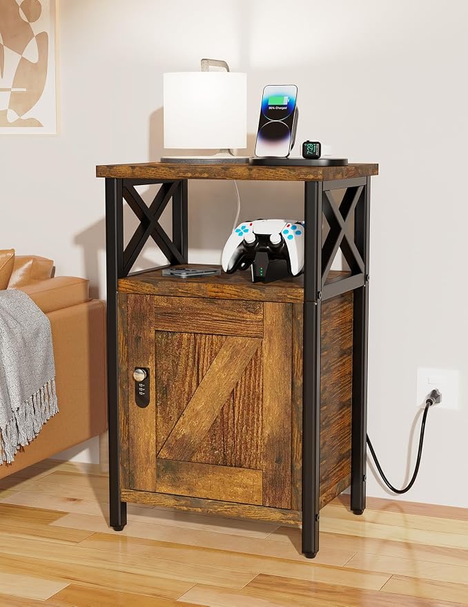 runjuly Wooden Nightstand with Lock Cabinet and Charging Station, Lockable - Image 8