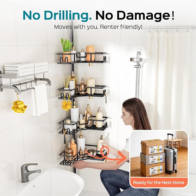 HAMITOR Shower Caddy Tension Pole: 4-Tier Adjustable Corner Bathroom Organizer - Image 7