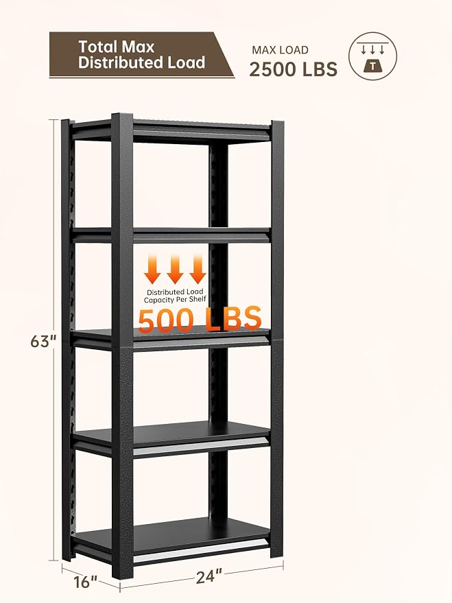 JHYKHG 63" H Storage Shelves, 5-Tier Heavy Duty Garage Shelving, Adjustable - Image 3