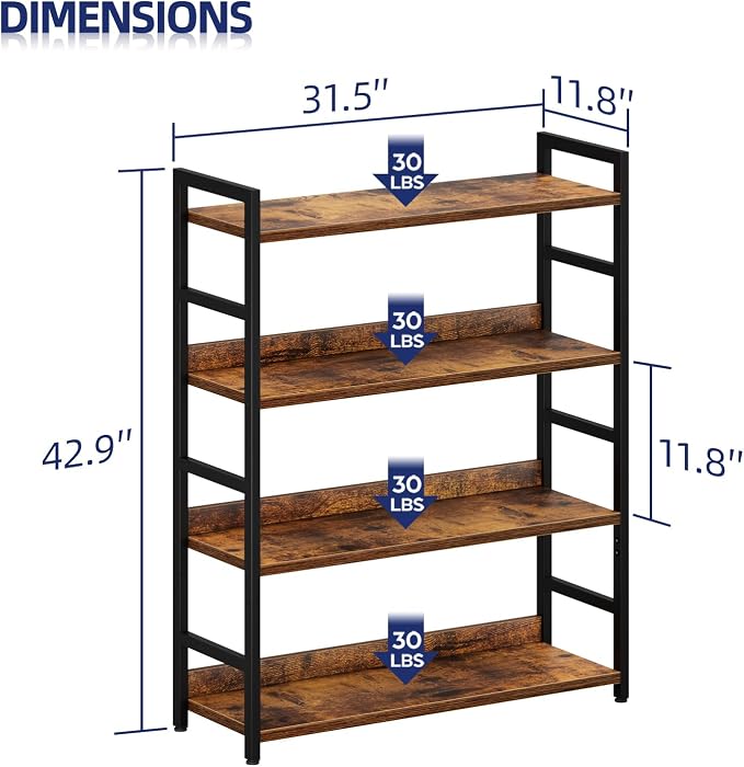 NUMENN Wide Bookshelf, 4 Tier Freestanding Shelving Unit, Vintage | Metal Frame - Image 3