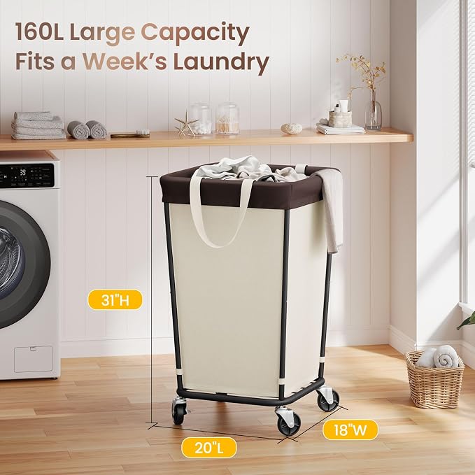 160L Laundry Basket with Wheels, 2-section Rolling Laundry Basket, Large - Image 3